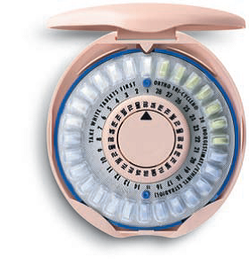 28 birth control pills arranged in a ring in a circular pill holder