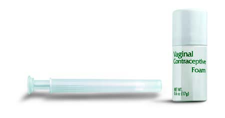 A plastic dispenser and white tube reading Vaginal Contraceptive Foam
