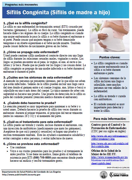 Congenital Syphilis Frequently Asked Questions – Spanish (Los Angeles County Public Health)