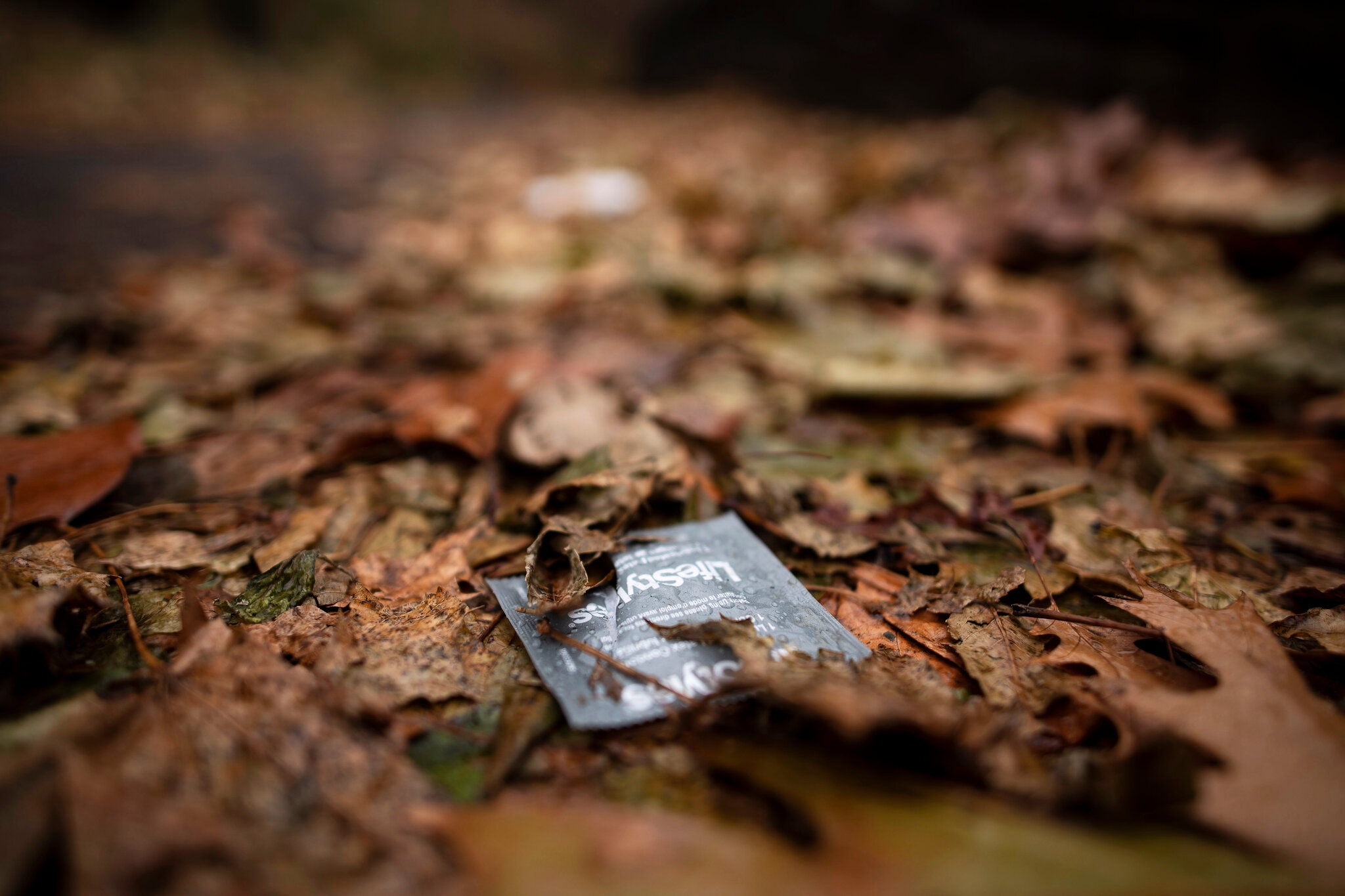 Condom packet lying on ground covered by leaves
