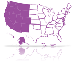 Outlines map of the United States with the regions of the West Region Learning Community filled in