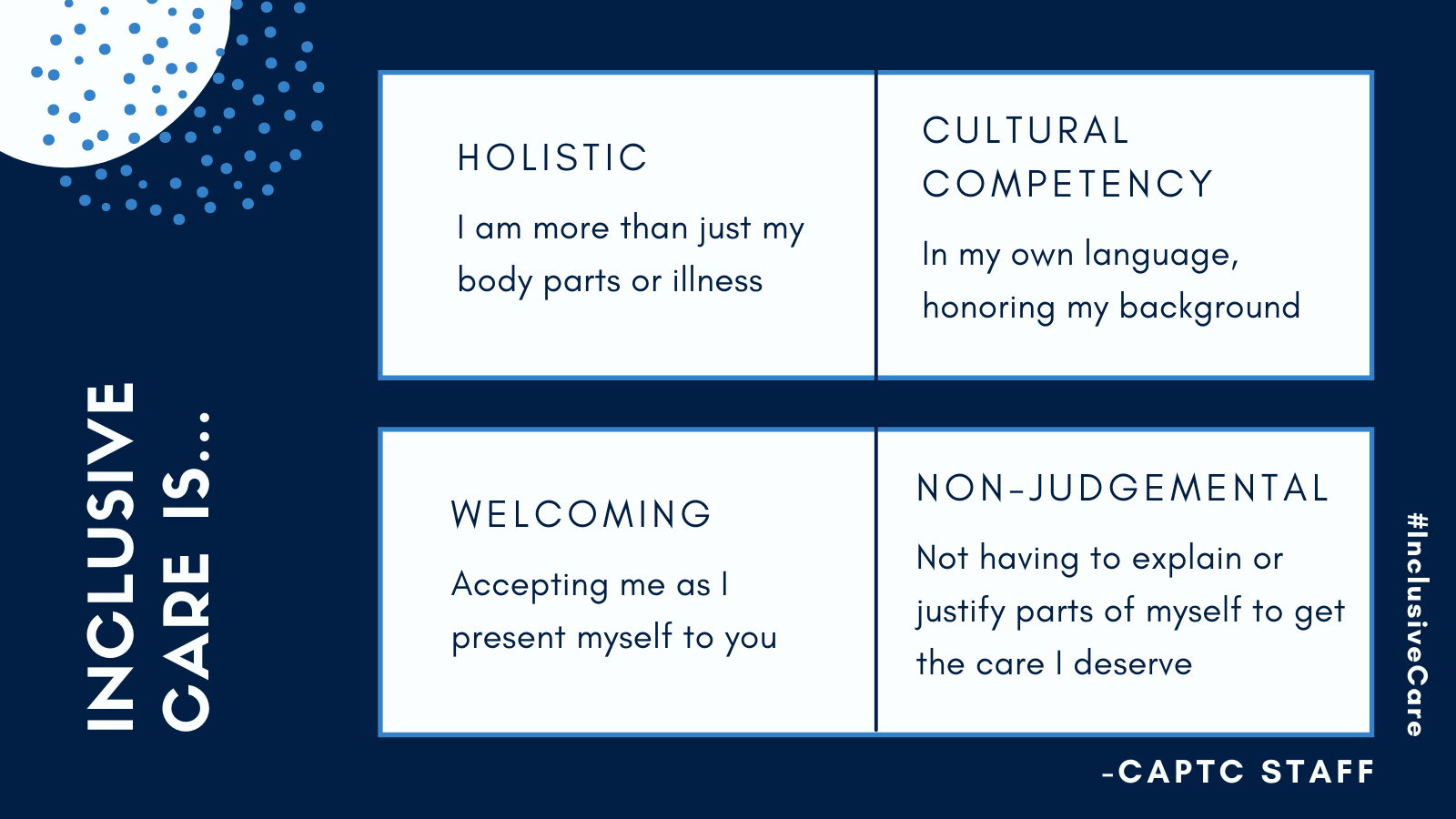 Inclusive care is: holistic: I am more than just my body parts or illness; Culture competency: In my own language, honoring my background; welcoming: Accepting me as I present myself to you; non-judgemental: Not having to explain or justify parts of myself to get the care I deserve- CAPTC staff