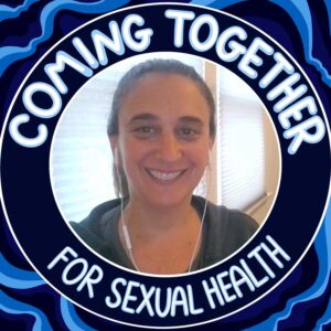 headshot of Becca Schwartz inside a frame that says "Coming Together for Sexual Health"