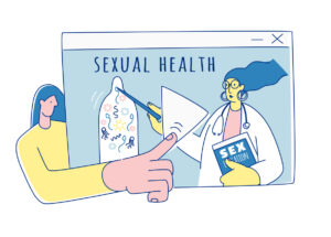 Illustration of sex ed class. The tutor is holding a book and pointing to a condom while a learner points at the screen.
