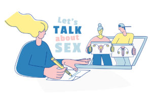 Illustration of sex ed class: Two people are holding up drawings of reproductive organs while another person is taking notes. Text says "Let's talk about sex".